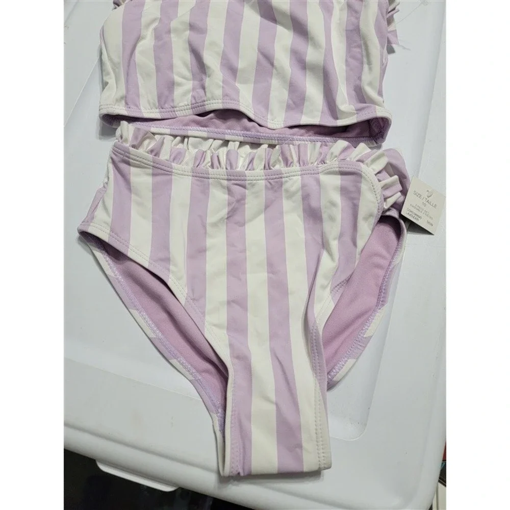 NWT Habitual Kids 10 Purple White Stripe Ruffle Bikini Top & Bottom 120795